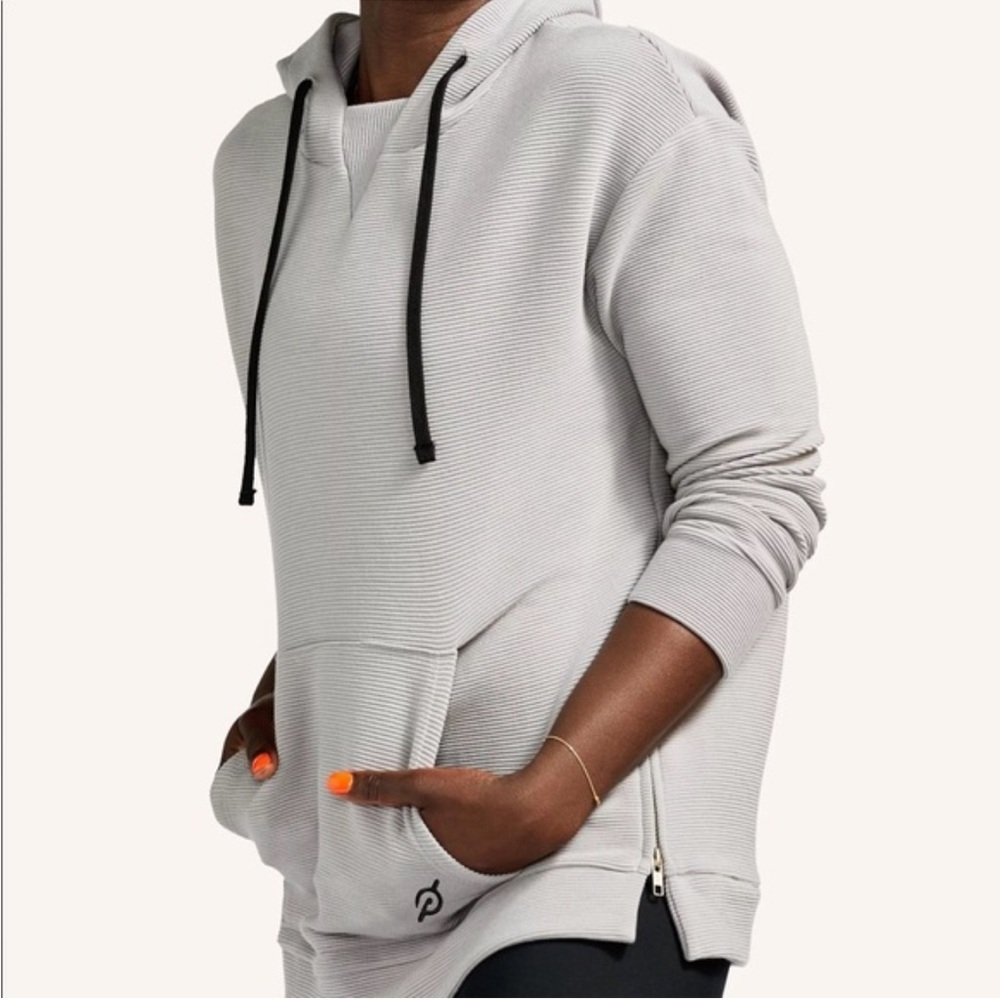 Peloton Gray Ribbed Hoodie Sweatshirt Kangaroo Pocket Long Sleeve Pullover SZ M